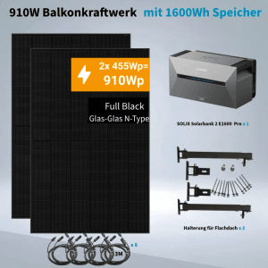 ANKER SOLIX 2 Pro 910W Balkonkraftwerk mit 2×455W JA Solar Module mit Halterung für Flachdach