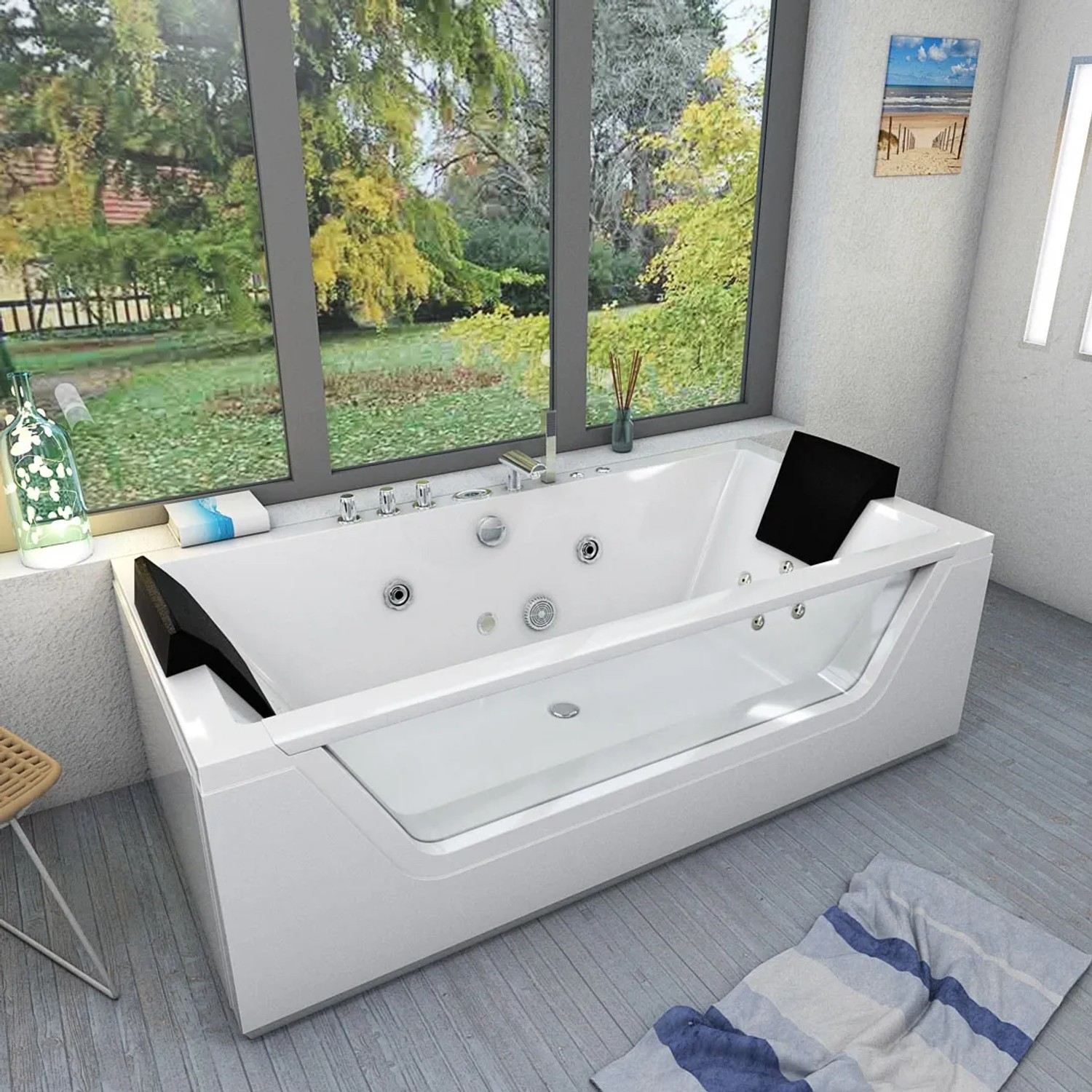 AcquaVapore Whirlpool W83R-TH-B: Rechteckige Badewanne mit Düsen und schwarzen Kopfstützen.