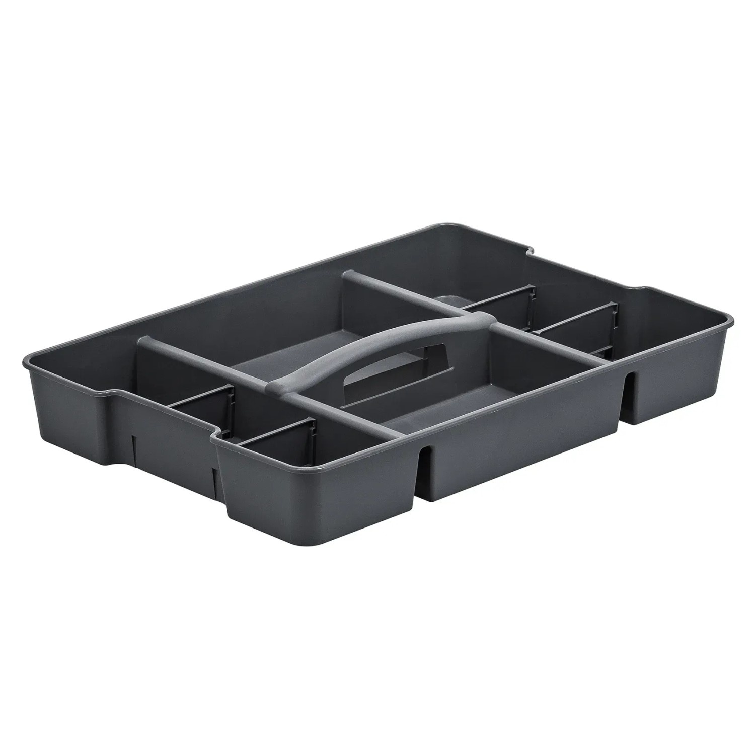 Anthrazitfarbener Rotho Organizer Evo für 65 l Aufbewahrungsboxen mit Fächern und Tragegriff.