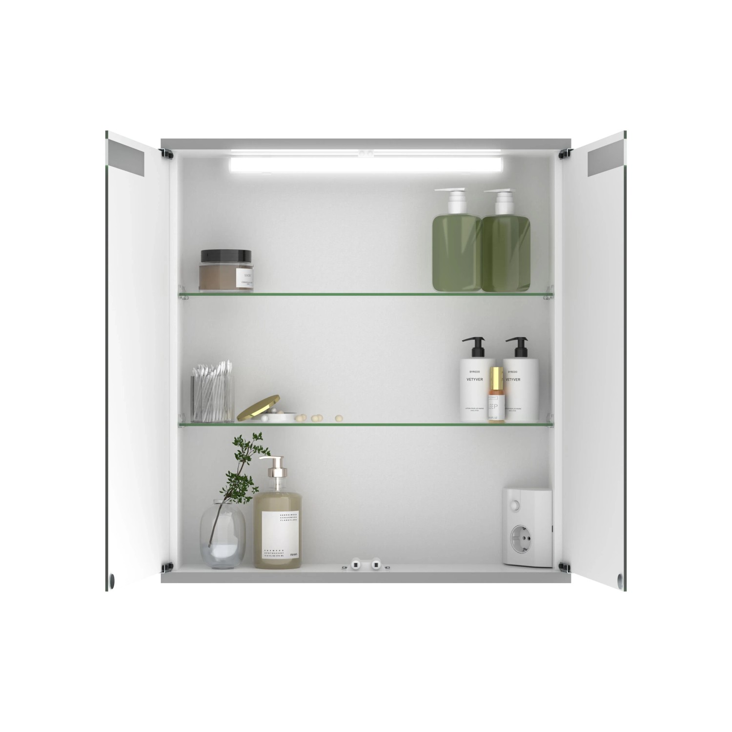 Offener Jokey Spiegelschrank Cento, 60x65 cm, alufarben, mit LED-Beleuchtung und Glasablagen.