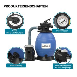Wiltec Sandfilteranlage 370W 26L Filtertank 13200L/H Pool Pumpe Filterpumpe