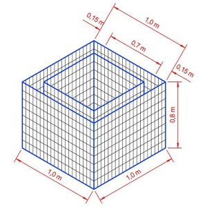 Technische Zeichnung Gabionen-Hochbeet, 100x100x80 cm, Drahtgitterstruktur mit Maßangaben.