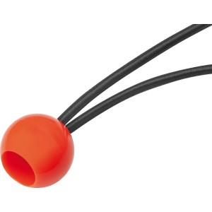 Oranger Bungeeball mit schwarzem Gummiseil für vielseitige Befestigungen in Haus, Garten, Camping.