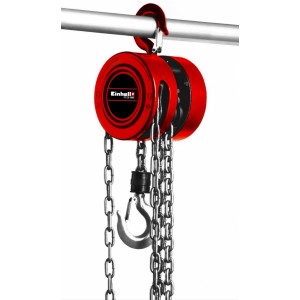 Einhell Kettenflaschenzug TC-CH 1000, rot, mit Kette und Haken an einer Stange.