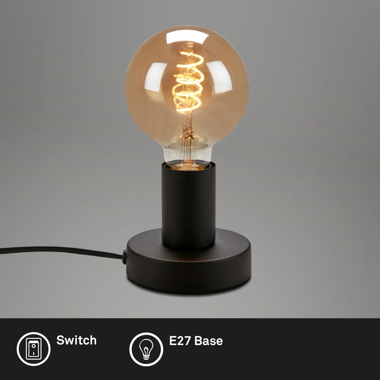 Schwarze Brilo Tischleuchte Teepu mit E27 Fassung und warmweißem Leuchtmittel.