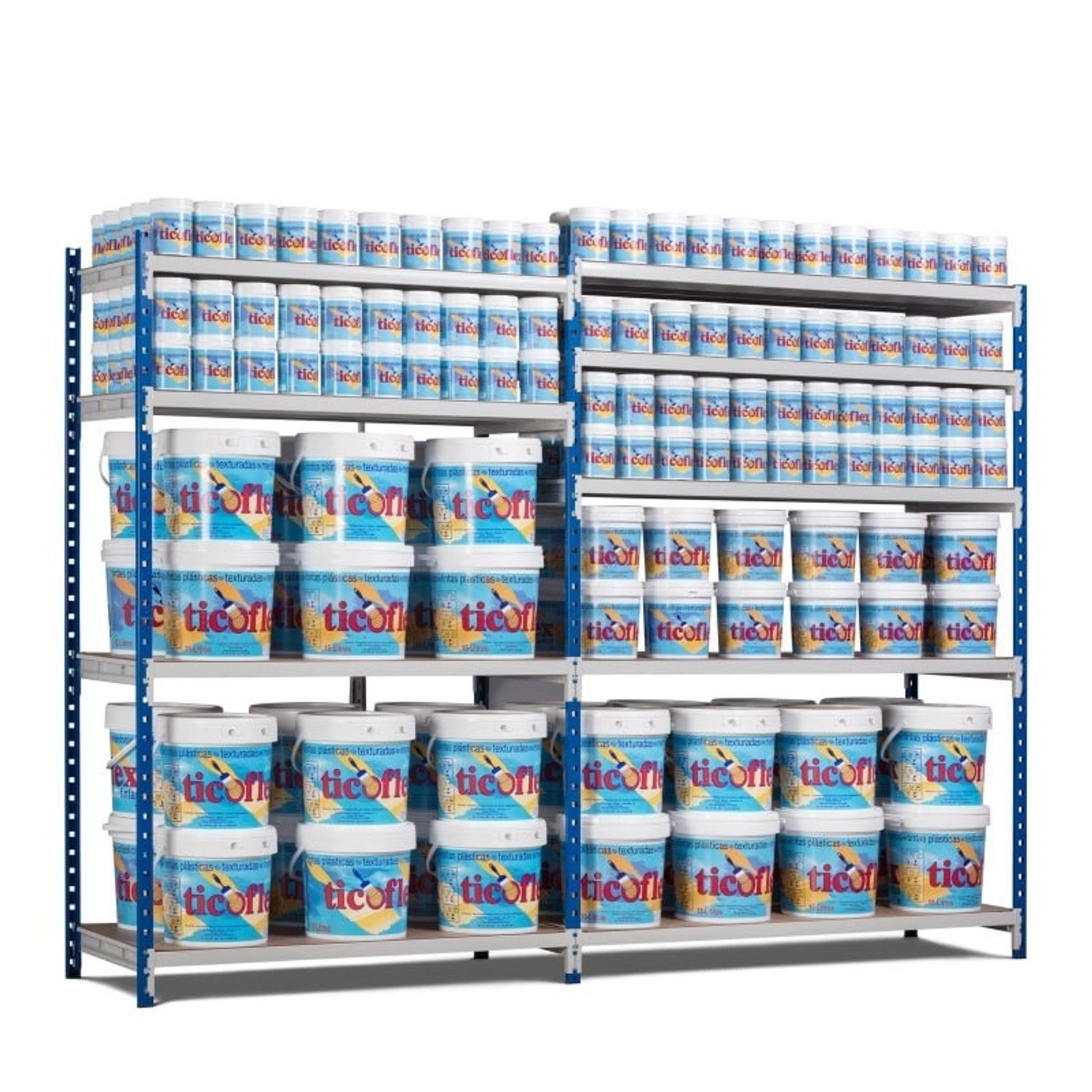 PROREGAL Fachbodenregal Maximus Pro mit 3 Ebenen, beladen mit Farbeimern und Dosen.