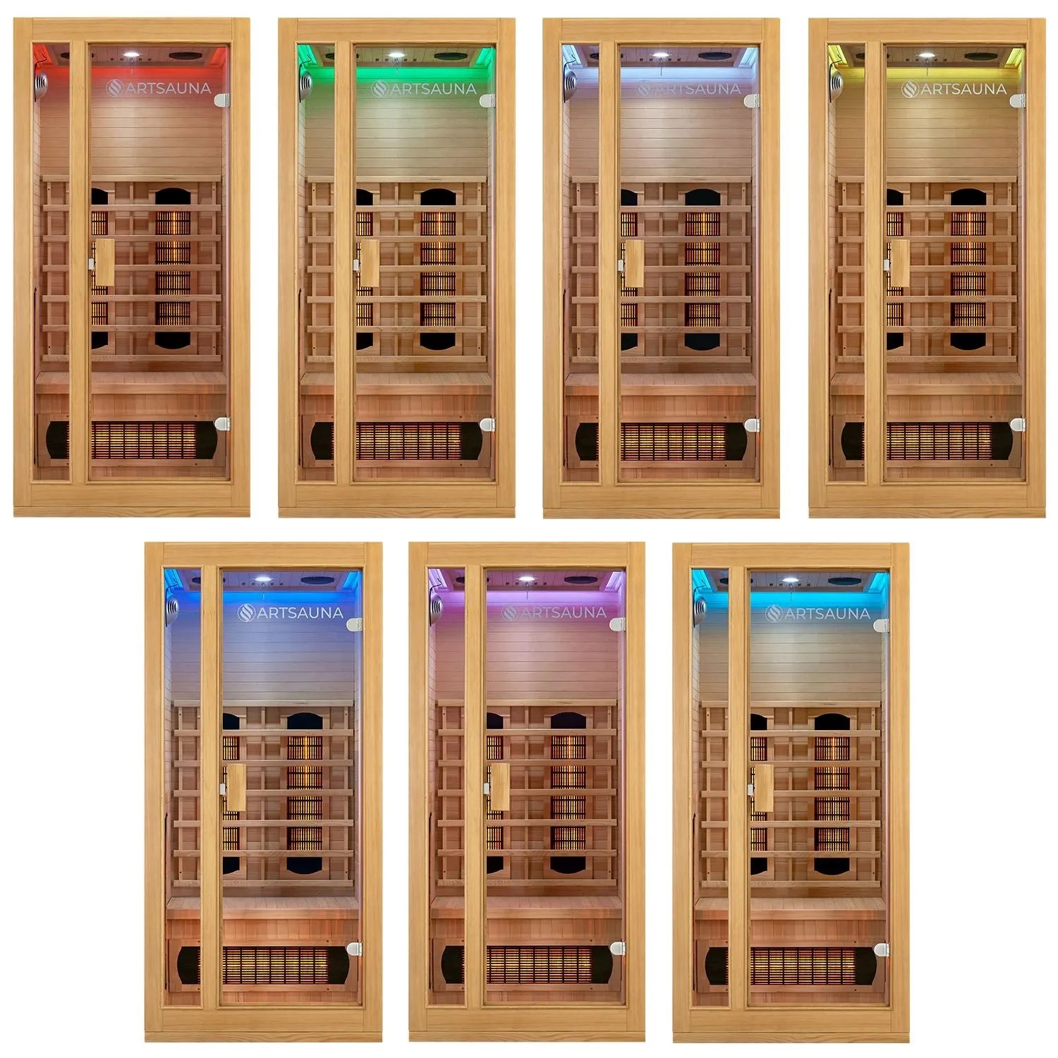 Artsauna Infrarotkabine Nyborg S90V mit verschiedenen LED-Farben und Vollspektrumstrahlern.