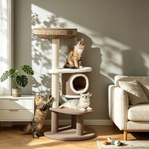 Mehrstufiger Kratzbaum Fudajo Forest Lodge 117cm mit Katzenhaus, erhöhtem Bett, Papierseil-Stämmen und spielenden Katzen.