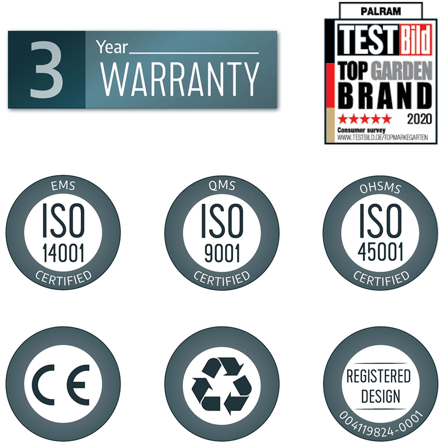 Zertifizierungen und Auszeichnungen für Palram Canopia Vordächer: Garantie, ISO, Top Garten Marke, CE, Recycling.