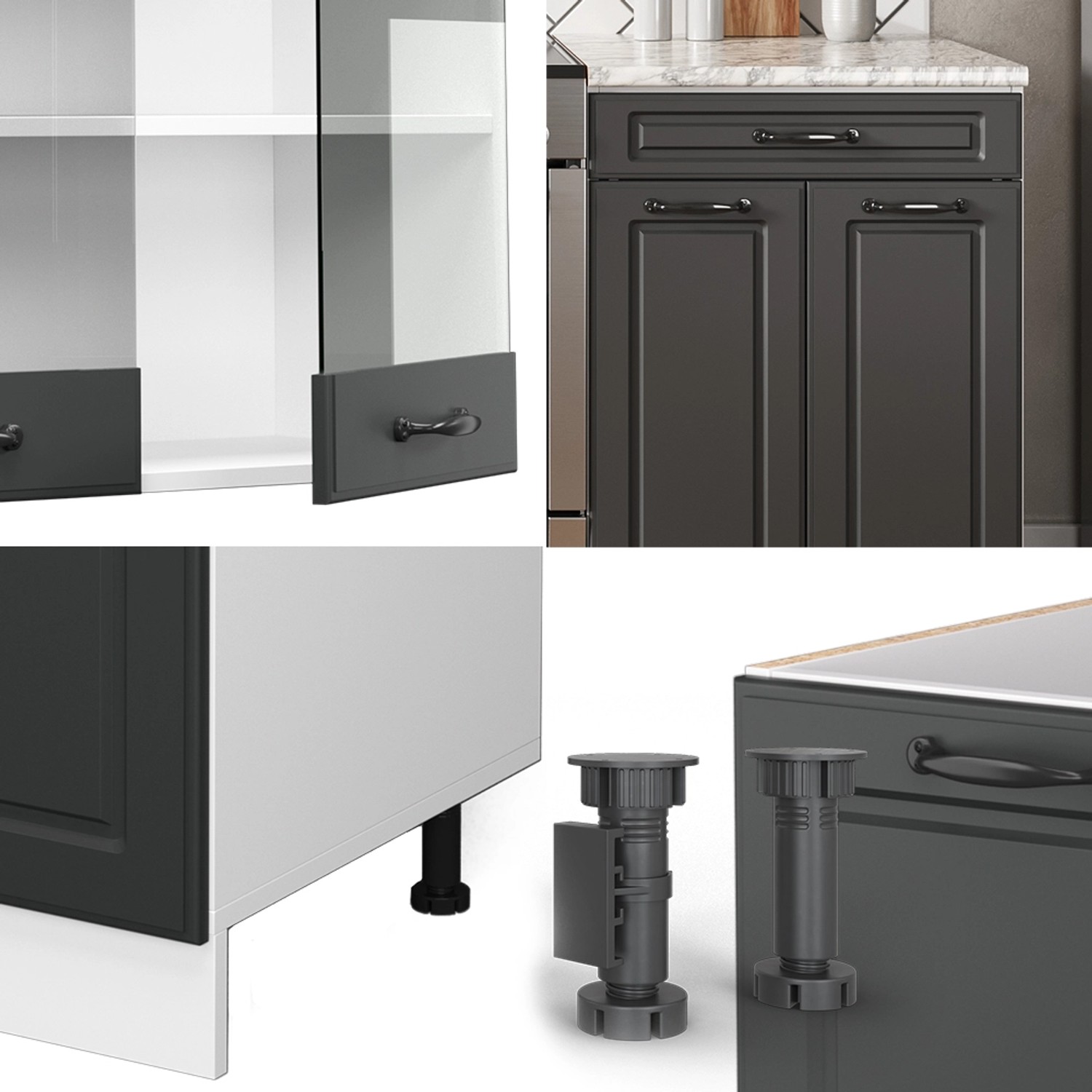 Vicco R-Line Küche, 200 cm, Anthrazit/Weiß, Landhausstil, ohne Arbeitsplatte. Details der Küchenzeile.