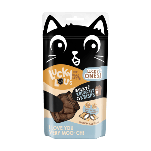 Lucky Lou Katzen-Trockenfutter Krunchy Krisps Milch, 60g Packung mit Katzenmotiv. Getreide- und zuckerfrei.