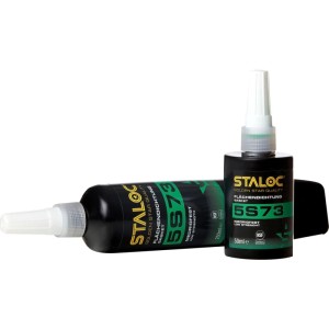 Staloc Flächendichtung Grün 5S73, 50 ml, niedrigfest. Schwarze Flasche mit grün-gelbem Etikett, daneben größere Tube.