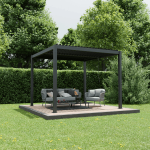 Ximax Pergola Shade, 300x300 cm, dunkelgrau, mit Lamellendach und Sitzgruppe im Garten.