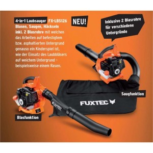 FUXTEC 4in1 Benzin-Laubsauger FX-LBS126 in Orange-Schwarz. Zeigt Bläser- und Saugerfunktion mit Fangsack. Vielseitiges Gartengerät.