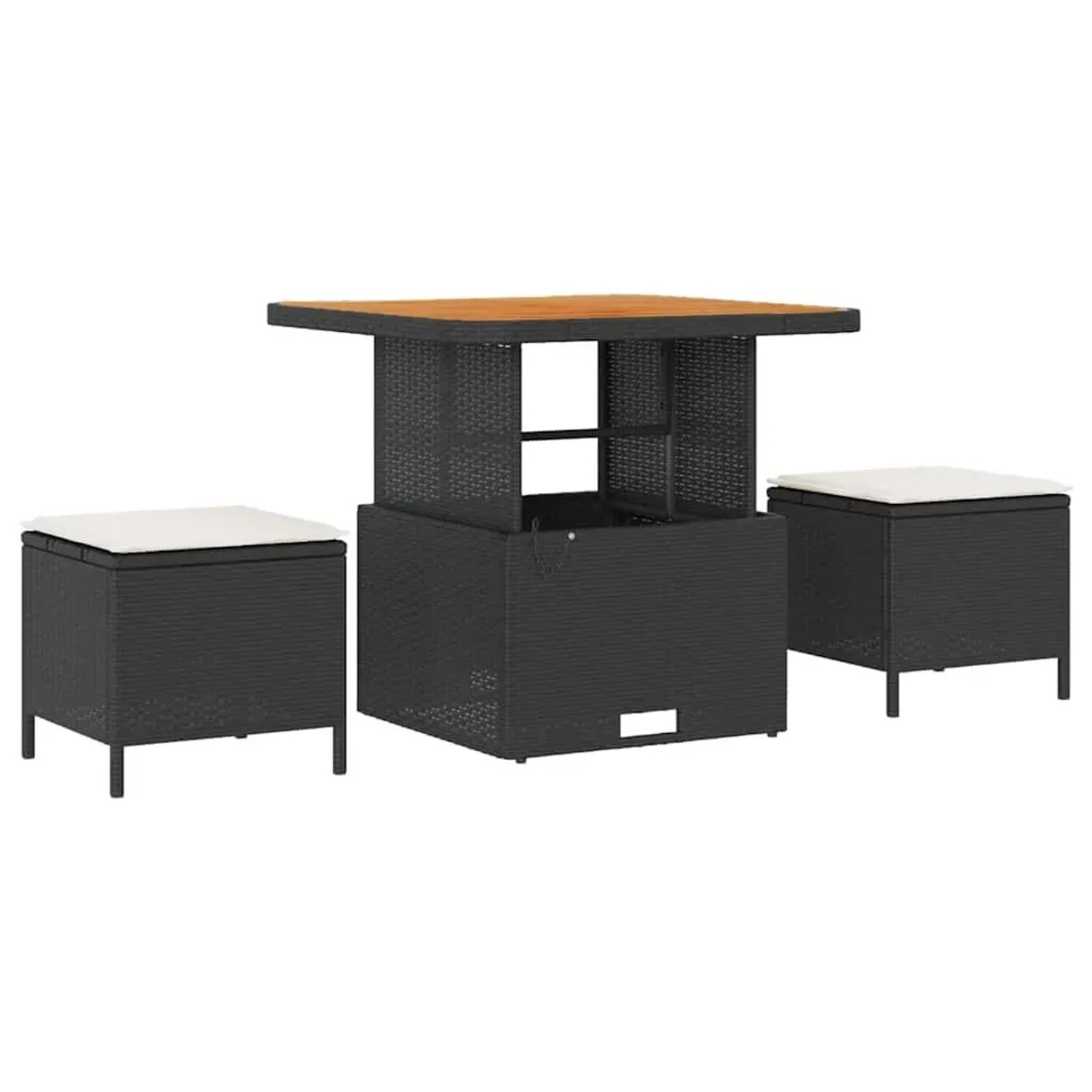 vidaXL Gartenmöbel Set, 8-teilig, schwarz, Poly Rattan, mit Tisch und Hockern.