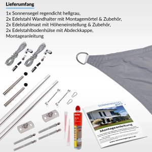 Toldoro Sonnensegel Komplettset hellgrau, 6x4m mit Zubehör, Halterung, Pfosten und Montageanleitung.