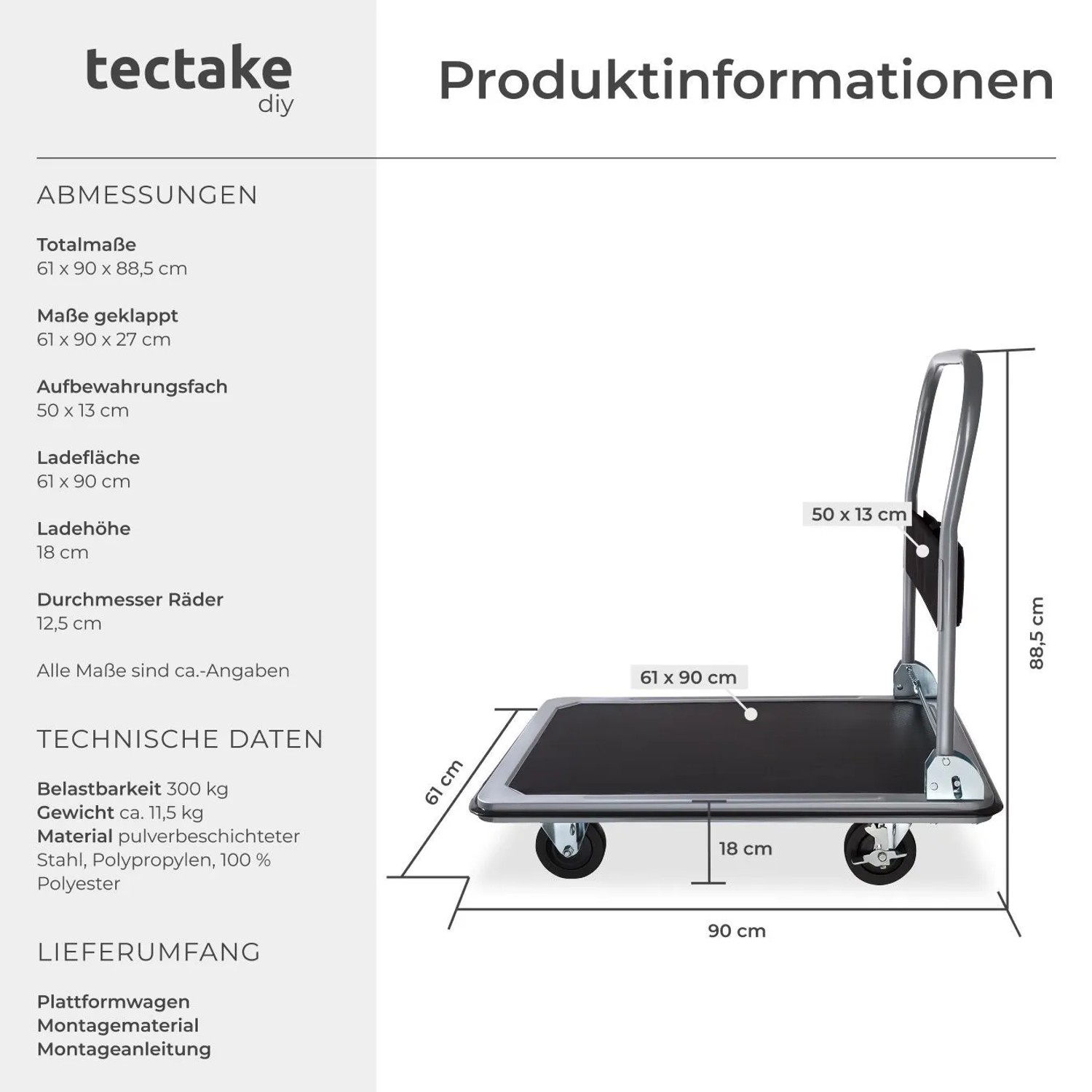 Tectake Plattformwagen Klappbarer Handgriff Mit Aufbewahrungsfach 2 Block und 2 Drehrollen 90 x 61 x 88 50 cm Schwarz_6