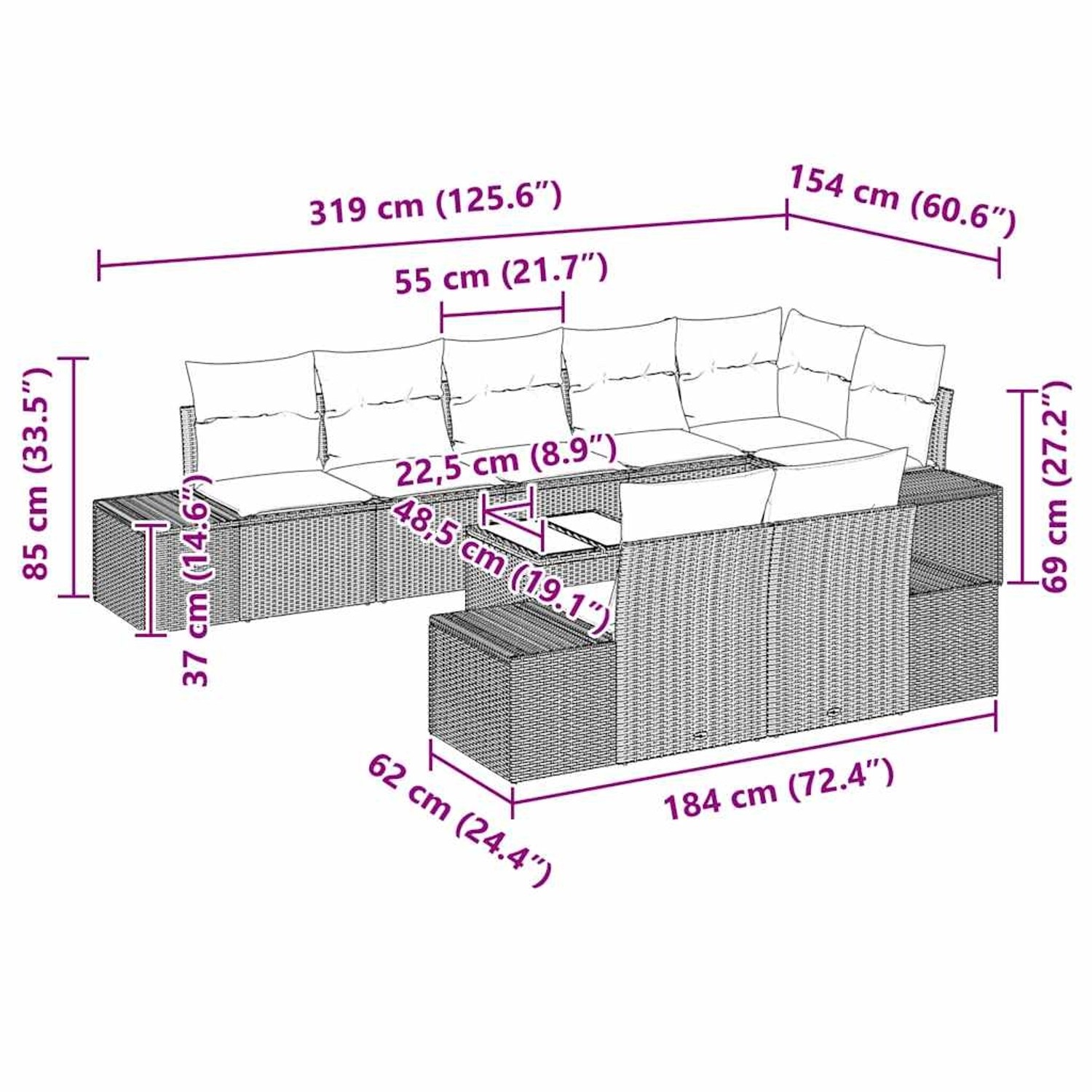 Graues 9-teiliges Garten-Sofa-Set aus Polyrattan mit Kissen und Maßangaben.