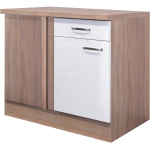 Flex-Well Eck-Unterschrank Valero, 110x60 cm, Hochglanz Weiß/Sonoma Eiche, mit Schublade und Drehtür.