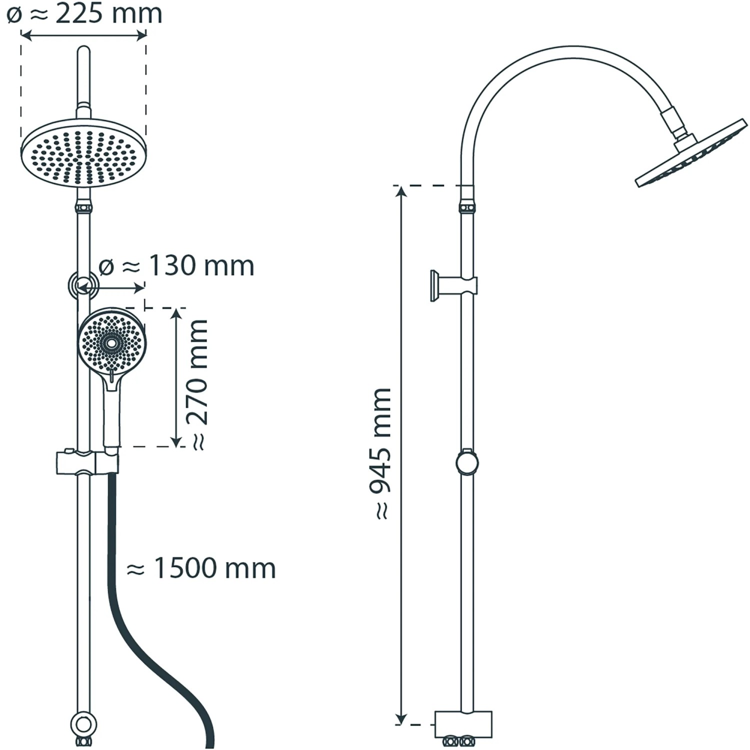 Technische Zeichnung: Schütte Matao Rain Überkopfbrause-Set, Chrom/Schwarz, Maße der Brause und des Sets.