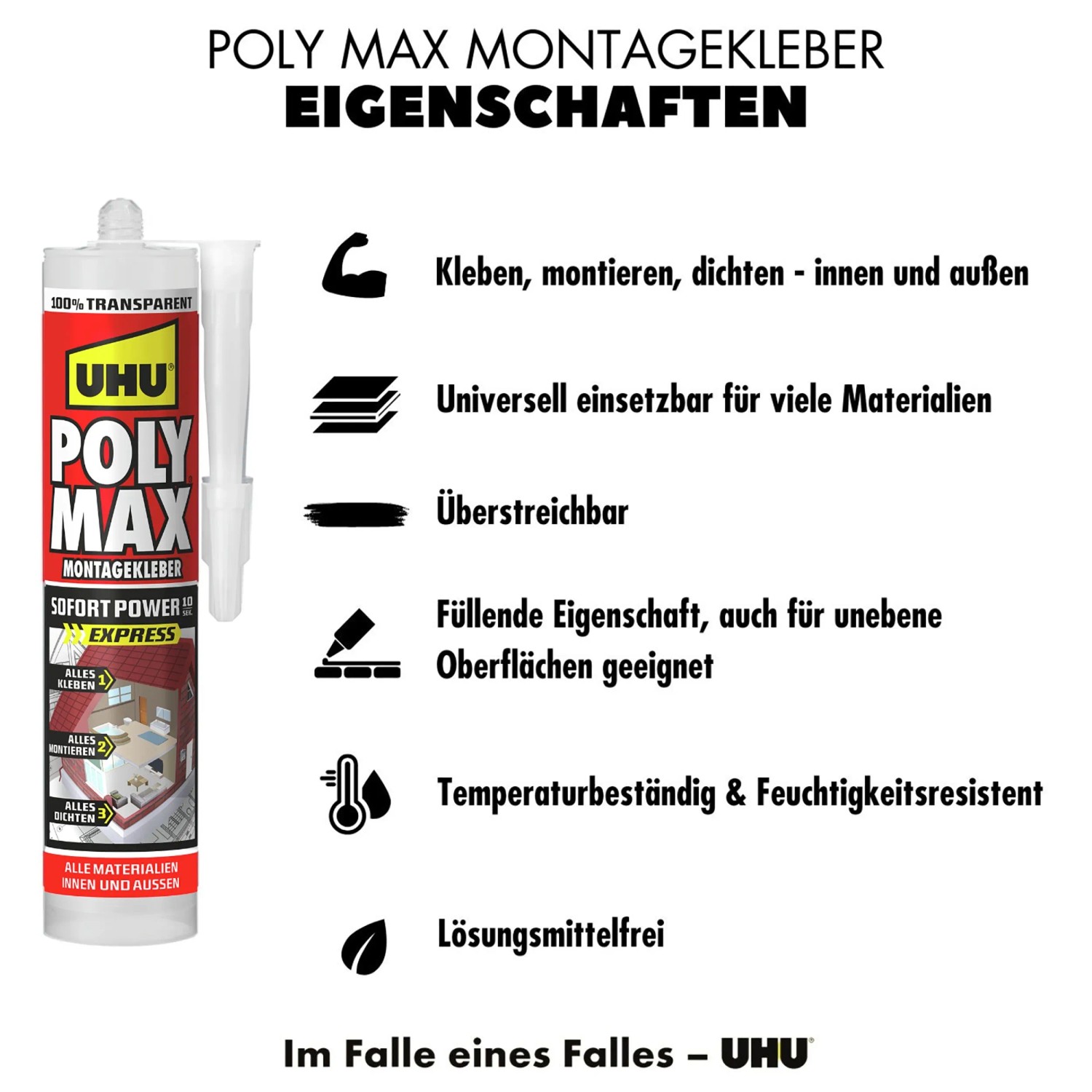 UHU Poly Max Montagekleber Transparent 300g: Baukleber für viele Materialien, innen & außen.