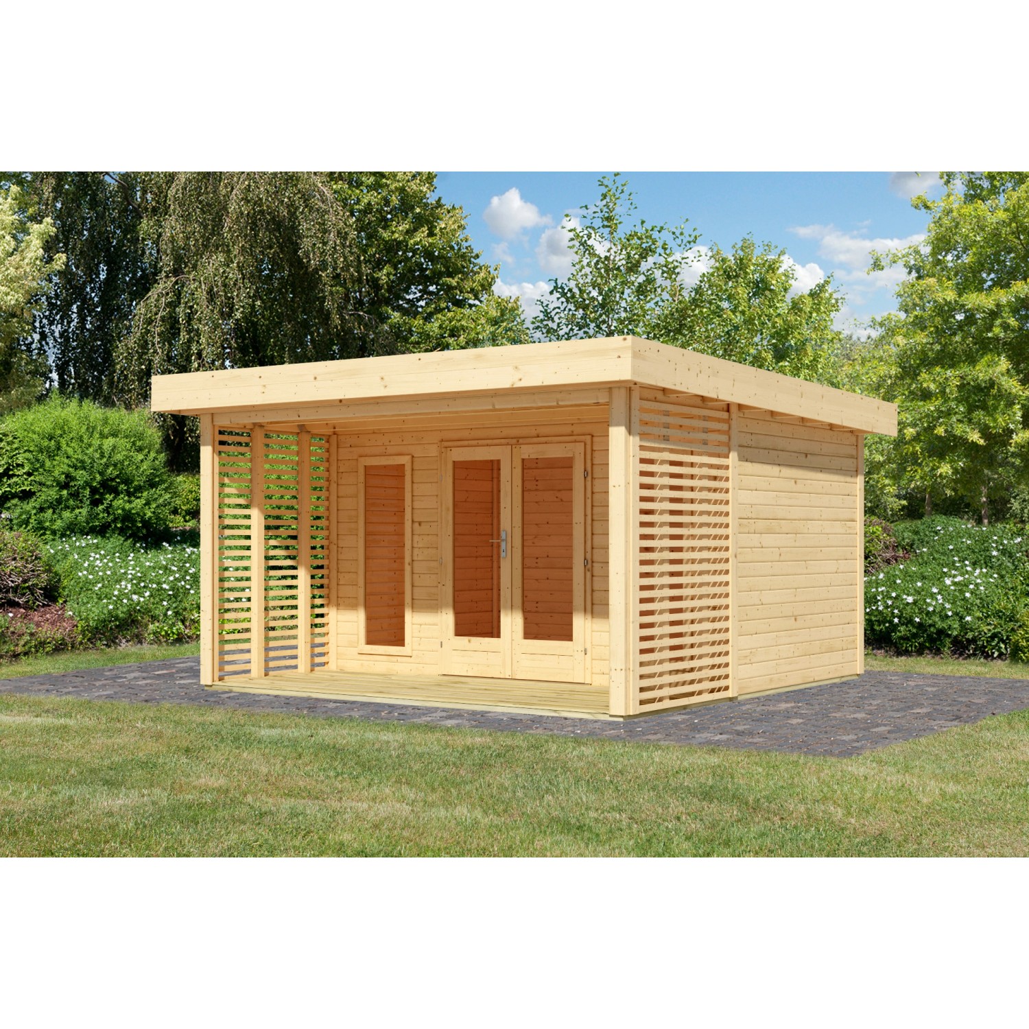 Karibu Gartenhaus Janela m. Dachbegrünung Naturbelassen 238 x 393 x 393 cm günstig online kaufen