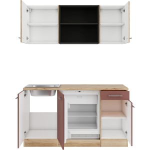 OPTIFIT Miniküche 150cm in Wildeiche/Rostrot mit Spüle und Kühlschrank, offene Schranktüren.