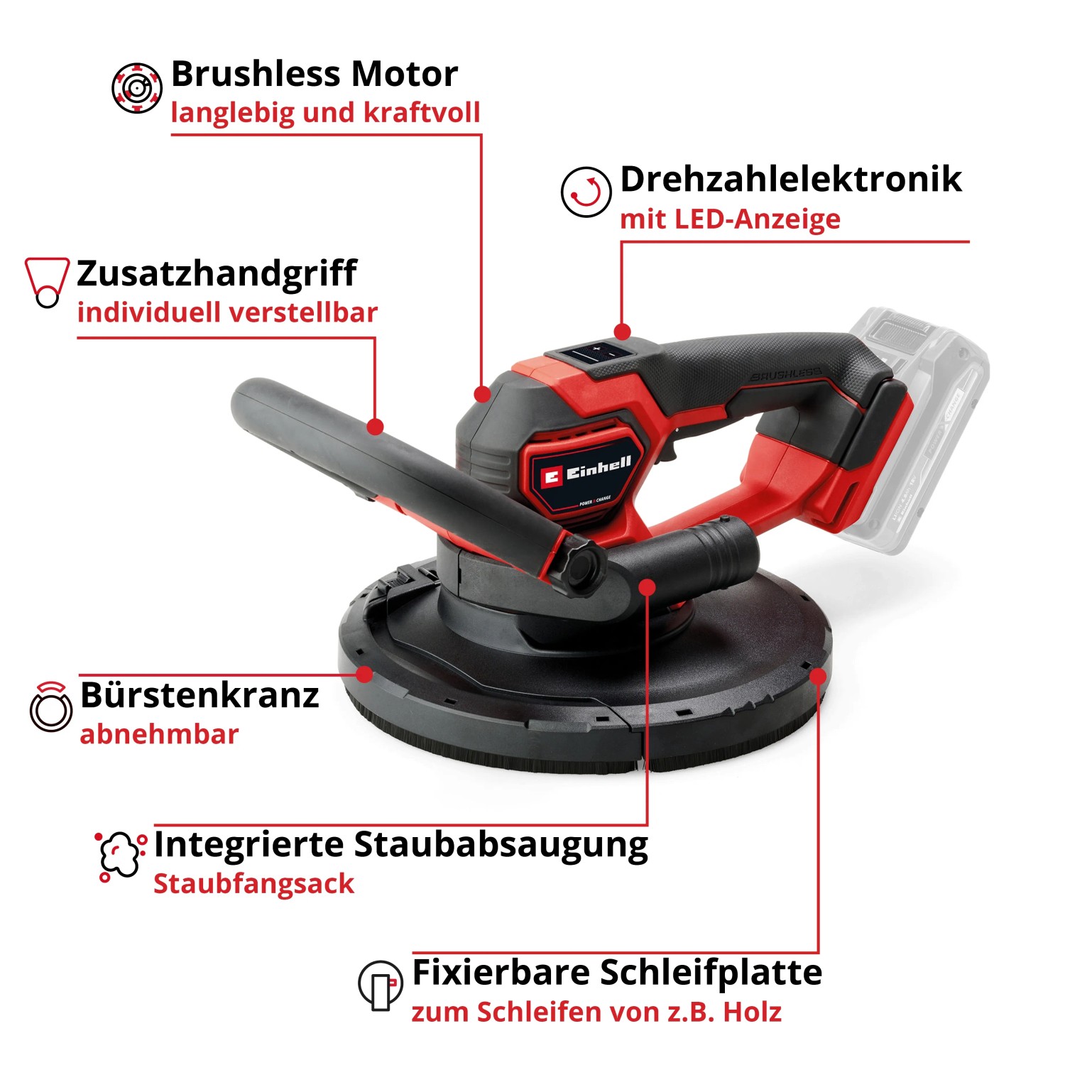 Einhell Akku-Trockenbauschleifer TP-DWS 18/225 Li Bl-Solo, rot/schwarz. Schleifmaschine mit Absaugung.