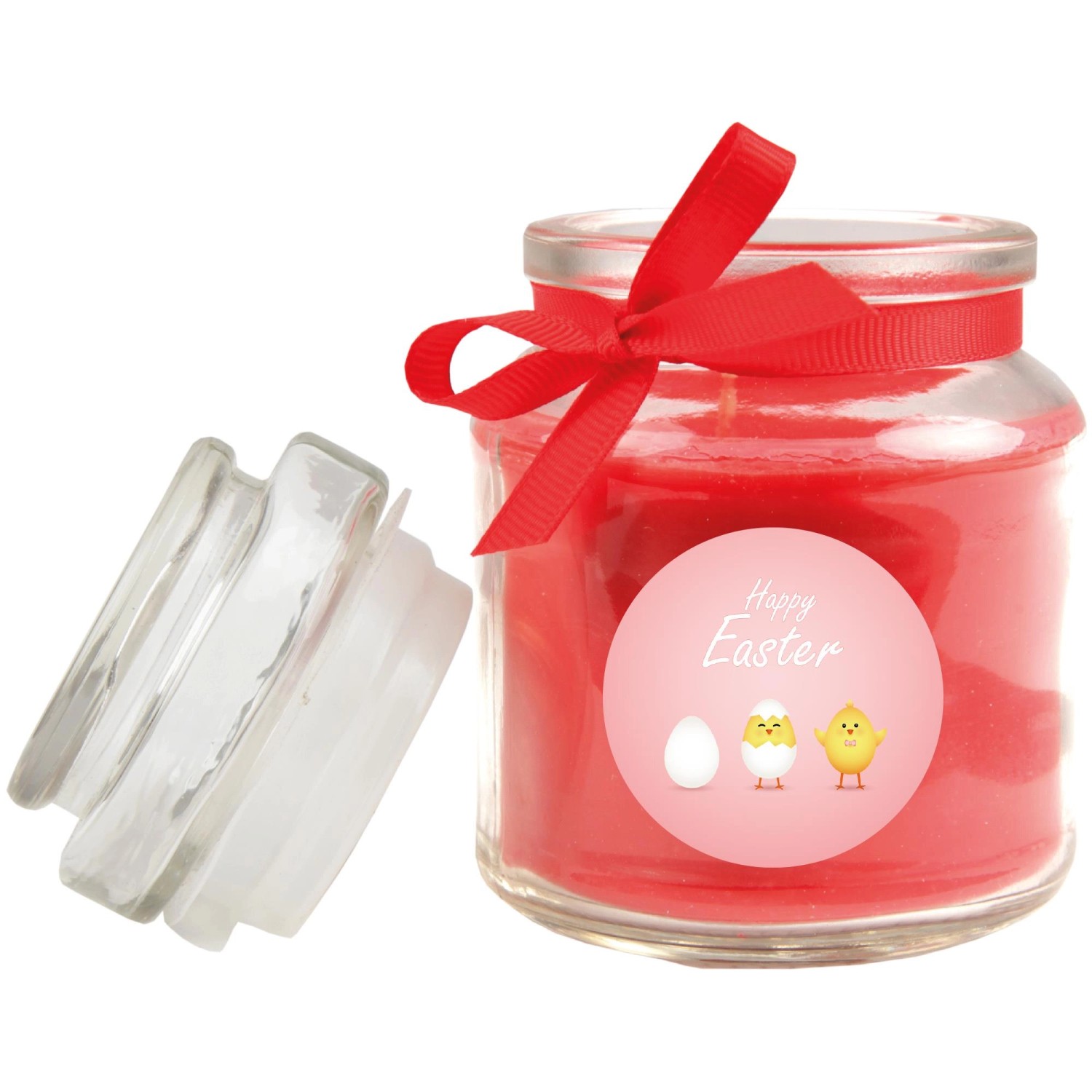 Rote Duftkerze im Glas mit Oster-Motiv und Küken, inklusive Glasdeckel und Schleife.