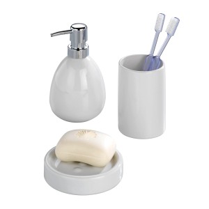 Wenko Bad-Set Polaris White: Seifenspender, Zahnputzbecher und Seifenschale aus Keramik.