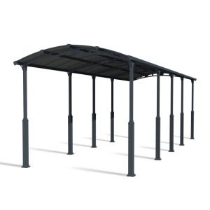 Canopia Carport Arcadia Alpine 10600 in Anthrazit, lange Ausführung mit gewölbtem Dach und stabilen Pfosten.