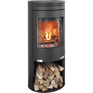 Schwarzer Aduro Kaminofen 1.4 mit Holzfach und Automatik, 6 kW Leistung.