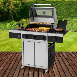 Tepro Gasgrill Keansburg 3 mit Seitenbrenner, schwarz-edelstahl, mit Grillgut auf dem Rost.