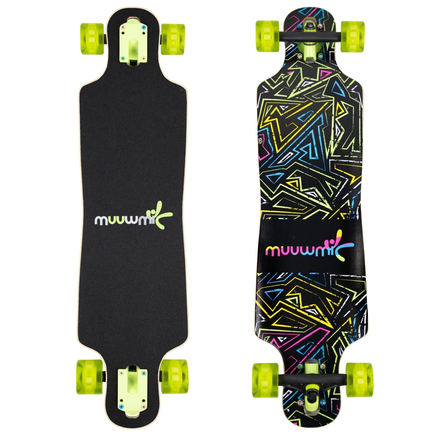 Thumbnail - Muuwmi Longboard Compact Neon LED- Leuchtrollen ABEC 7 Deck 83x22 cm 5,5 Zoll FOX Aluminium Trucks Rollen 60x45 mm