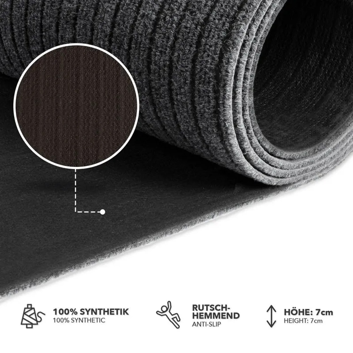 Grauer Eventteppich Atlas auf Maß, pflegeleicht und robust, Detailansicht der Textur und Rückseite.