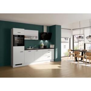 Moderne Impuls Küchenzeile 270 cm in Space Grey mit schwarzer Schieferstruktur-Arbeitsplatte und E-Geräten.