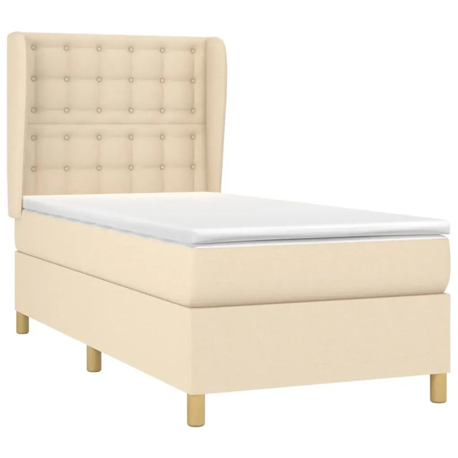Cremefarbenes Boxspringbett 80x200 cm mit Stoffbezug, Matratze und Kopfteil. Gemütliches Bett für erholsamen Schlaf.