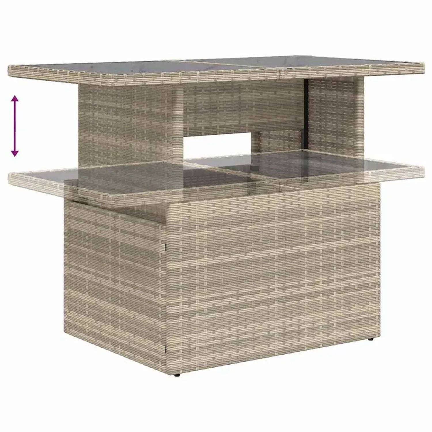 vidaXL Gartenmöbel: Hellgrauer Tisch aus Polyrattan mit Glasplatte, höhenverstellbar.