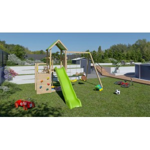 Trigano Spielturm Ultra Xperience mit Rutsche, Schaukel, Kletterwand und Sandkasten im Garten.