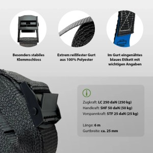 4 anthrazitfarbene Spanngurte, 6m lang, mit Klemmschloss und Tasche. Ideal zum Sichern von Lasten.
