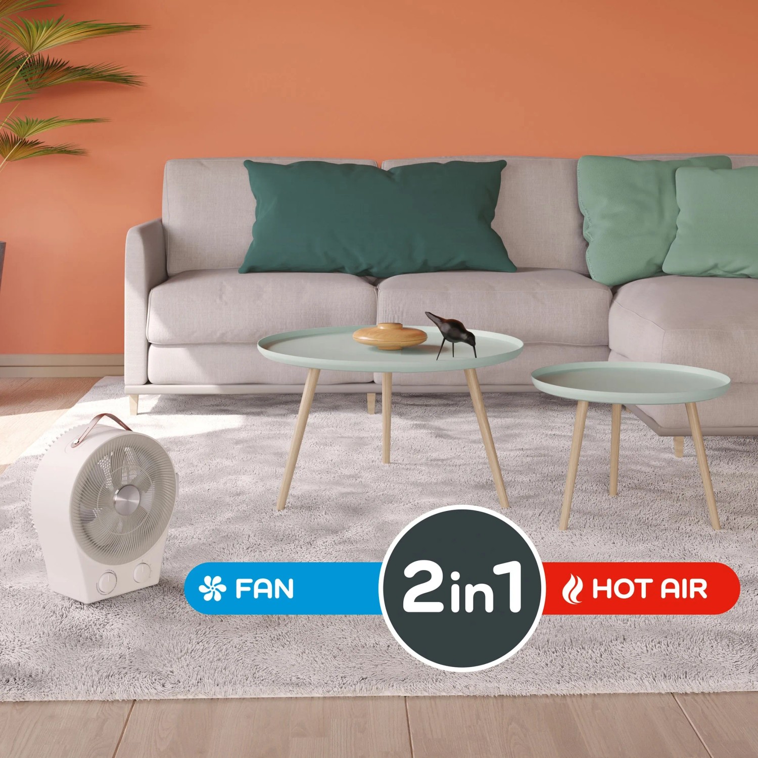 2in1 Heizlüfter und Ventilator im Wohnraum. Elektrisches Heizgerät mit Schwenkfunktion für schnelle Wärmeverteilung.
