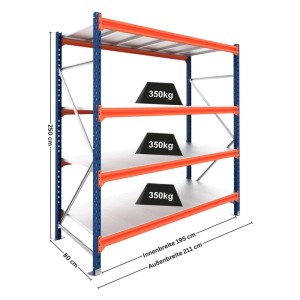 Blau-oranges PROREGAL Schwerlastregal DOMINUS, 250x195x80cm, 4 Stahlplatten-Fachböden, 350 kg Fachlast pro Ebene. Für Lager.