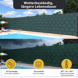 Grüne Sekey PVC Sichtschutzstreifen für Doppelstabmatten am Pool, wetterfest und blickdicht.