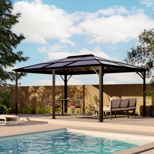 Sojag Pavillon Meridien 12x16 in Anthrazit mit Möbeln neben Pool im Garten.
