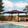 Sojag Pavillon Meridien 12x16 in Anthrazit mit Möbeln neben Pool im Garten.