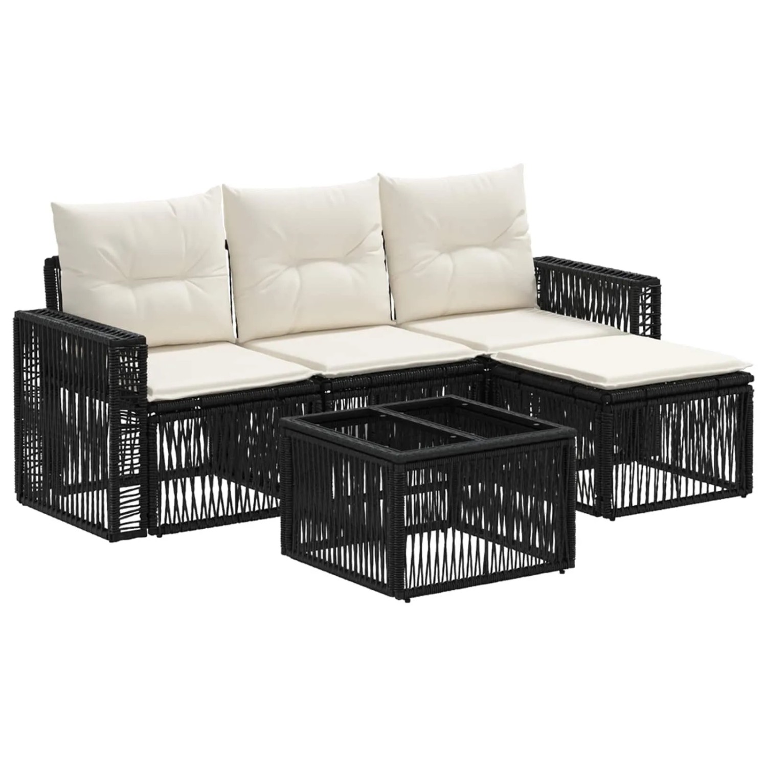 vidaXL Gartensofa-Set 5-Tlg Schwarz und Cremeweiß Poly-Rattan 3435106