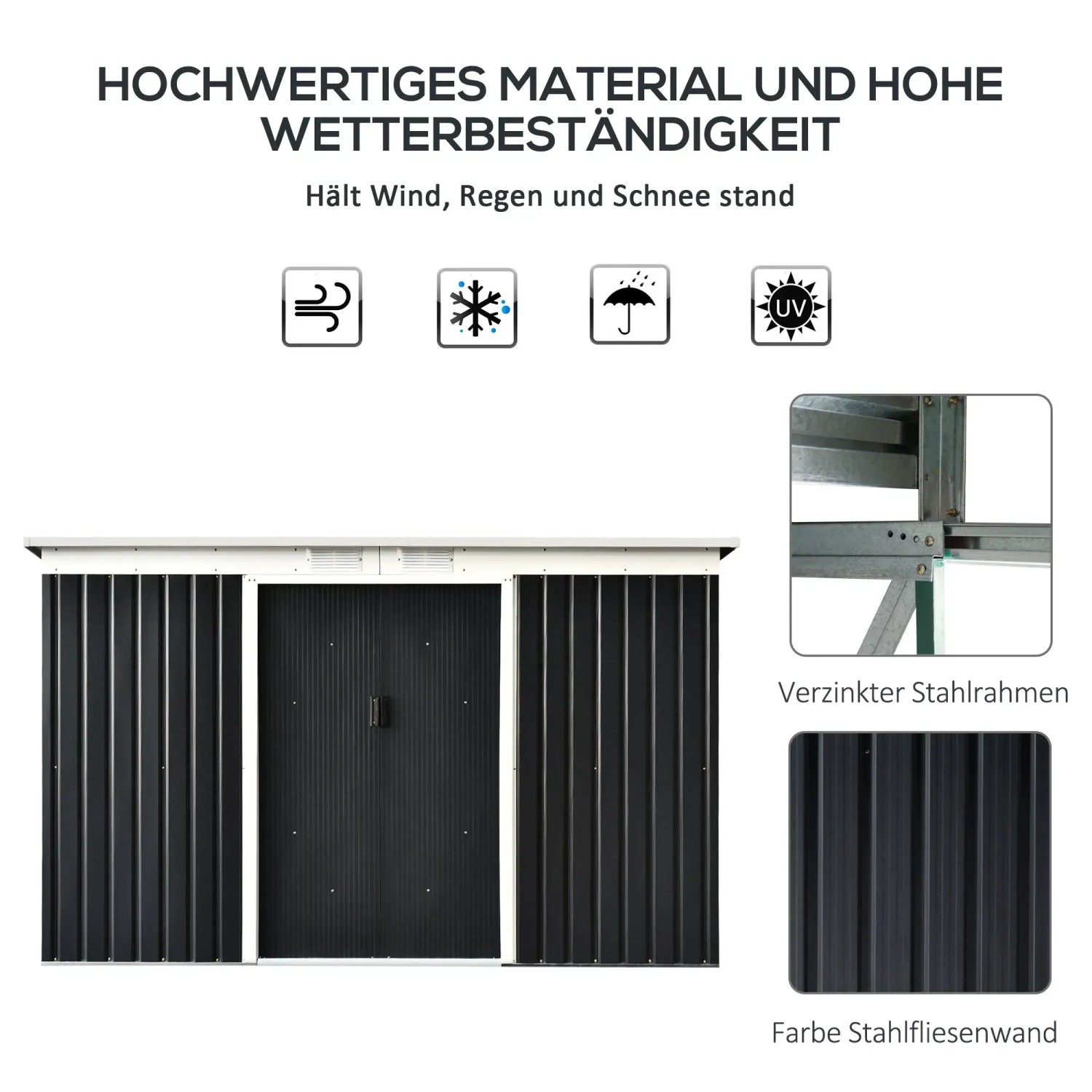 Outsunny Gerätehaus mit Schiebetür, 280x130x172 cm, wetterfest und stabil.