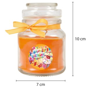 Duftkerze im Glas mit "Happy Birthday" Motiv und Schleife, Honigmelone Cupcake Duft.