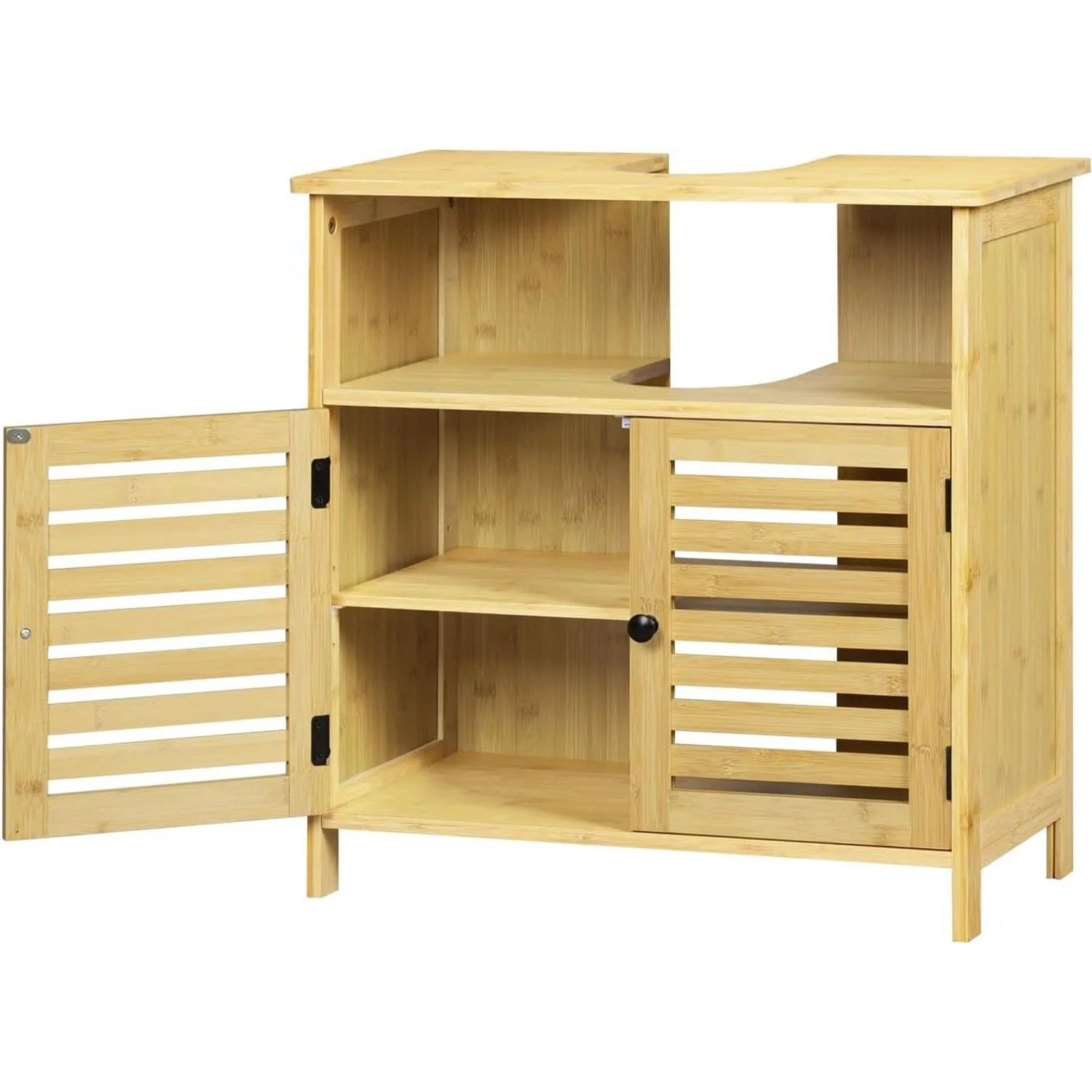 Bambus Waschbeckenunterschrank mit geöffneten Lamellentüren, Innenfächern und Siphonausschnitt für Bäder.