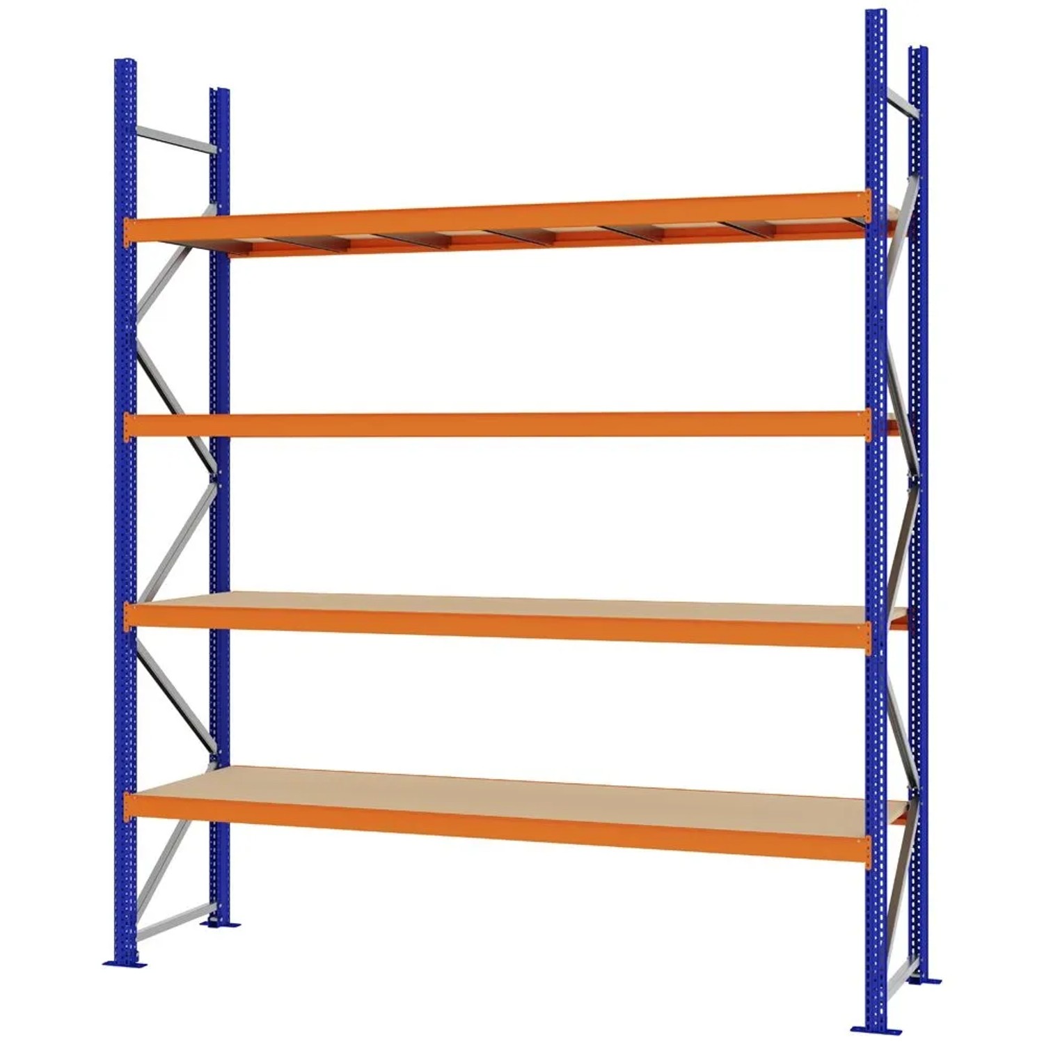 PROREGAL Weitspannregal Schraub-Stecksystem MAGNUS PRO Made In Germany Grundregal 300x250x60cm 4 Ebenen Spanplattenböden Fachlast 430kg Blau/Orange